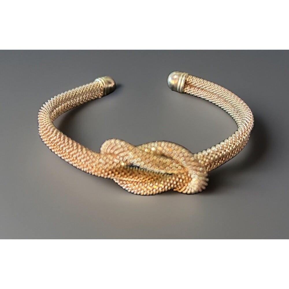 Vintage Mesh Double Love Knot Cuff Flexible Goldtone Bracelet